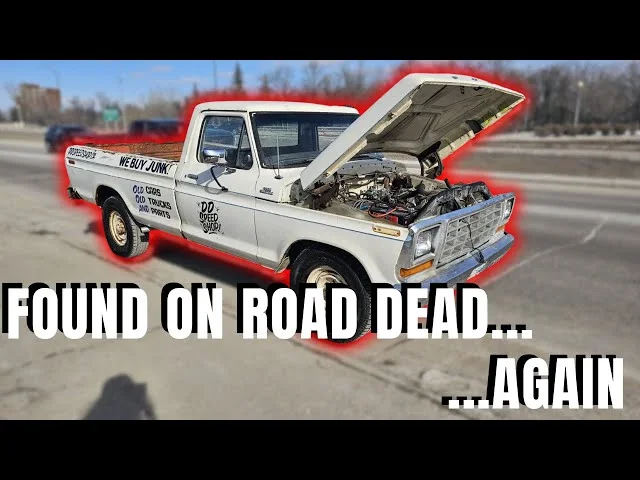 White Ford pickup with the hood up on the side of the road. Found On Road Dead again.